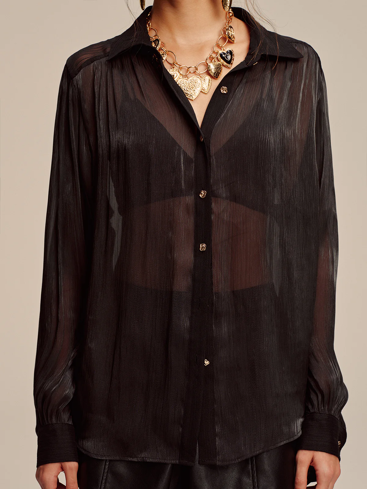 Sheer Chiffon Textured Metal Button Shirt