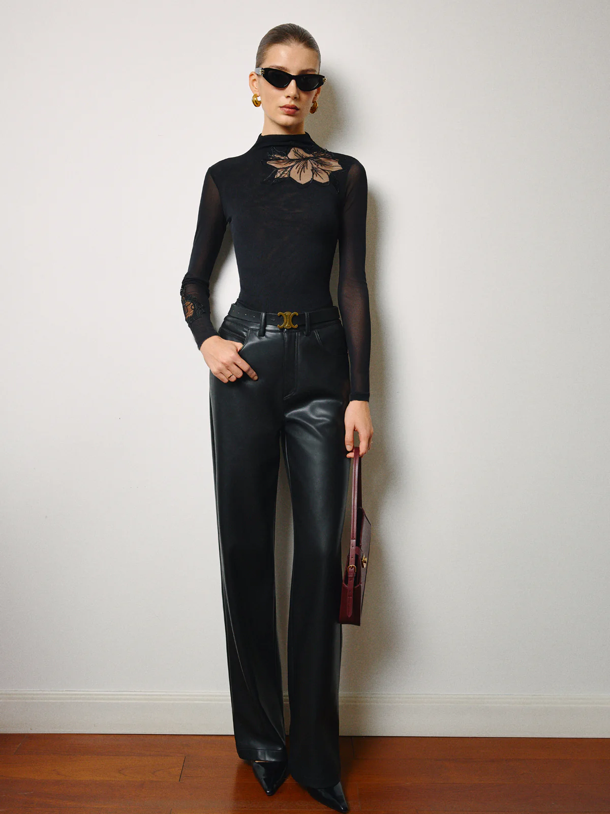 Semi-Sheer Mesh-Floral Slim Jersey Top