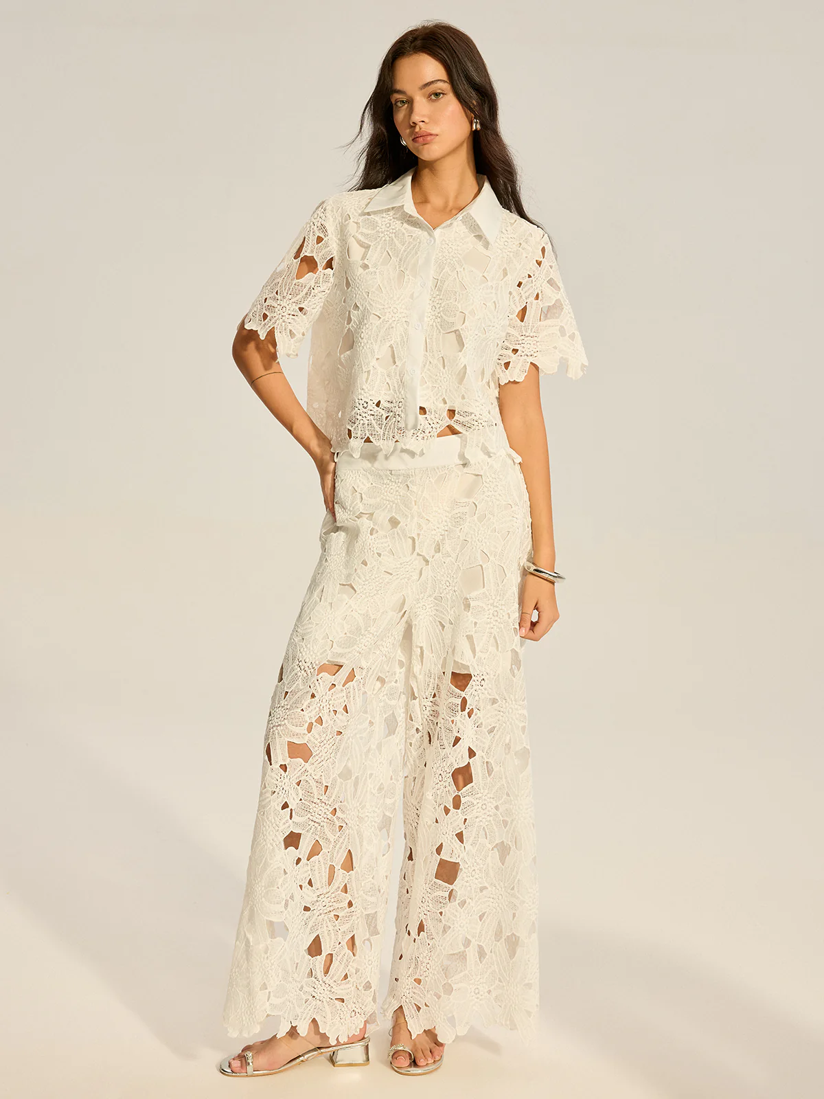 Lace Crochet Cut-Out Top and Wide-Leg Pants Set