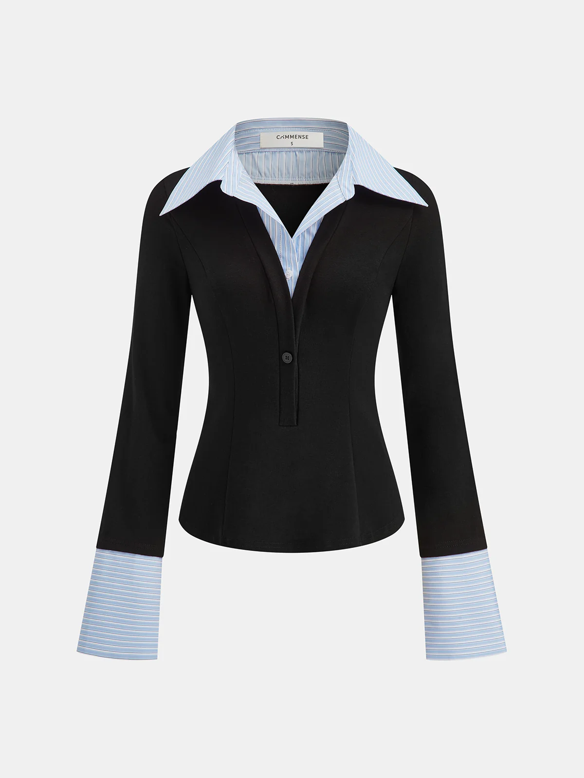 Mock Two-Piece Long-Sleeve Two Tone Polo Top