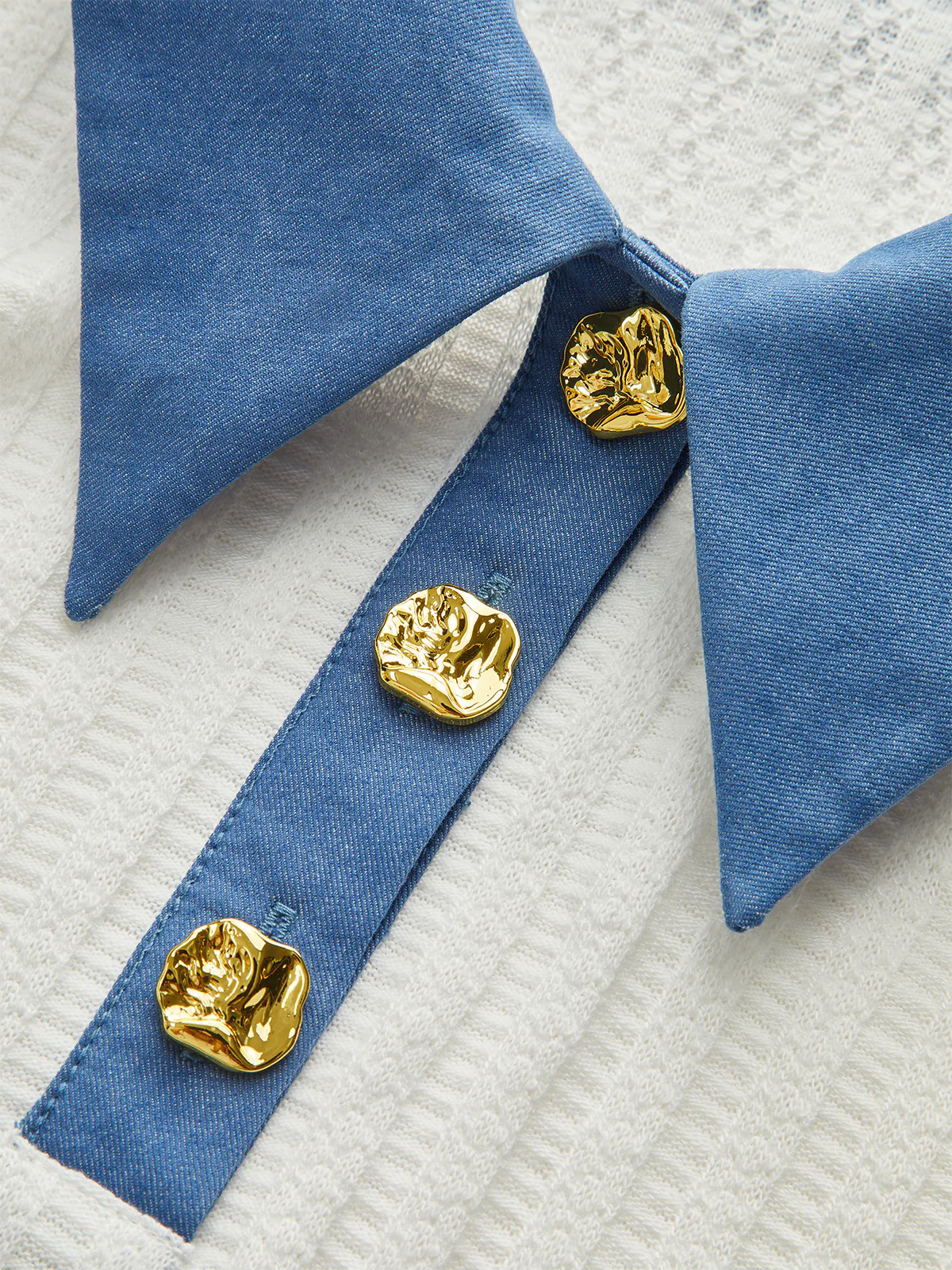 Denim-Collar Knit Polo Top with Metal Button