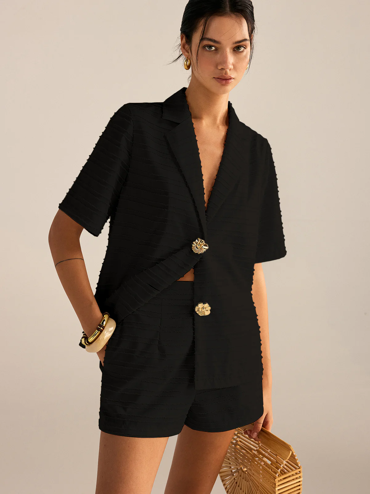 Textured Short-Sleeve Blazer and Shorts Set