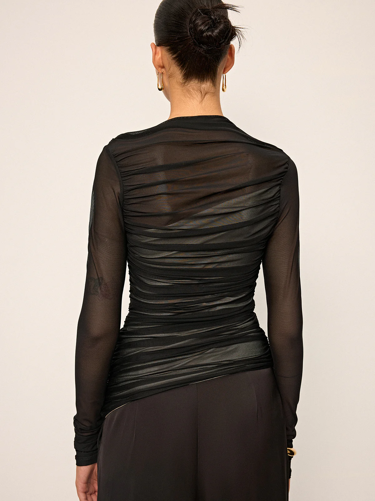 Sheer Mesh Ruched Long-Sleeve Top