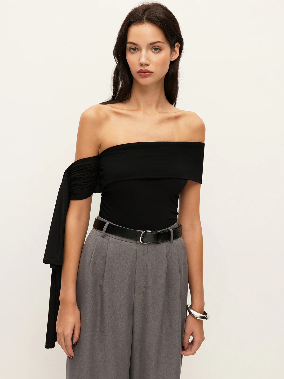 Asymmetrical Off-Shoulder Top With Side Tie