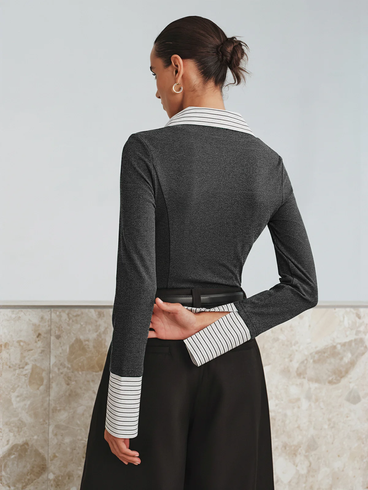 Mock Two-Piece Long-Sleeve Two Tone Polo Top