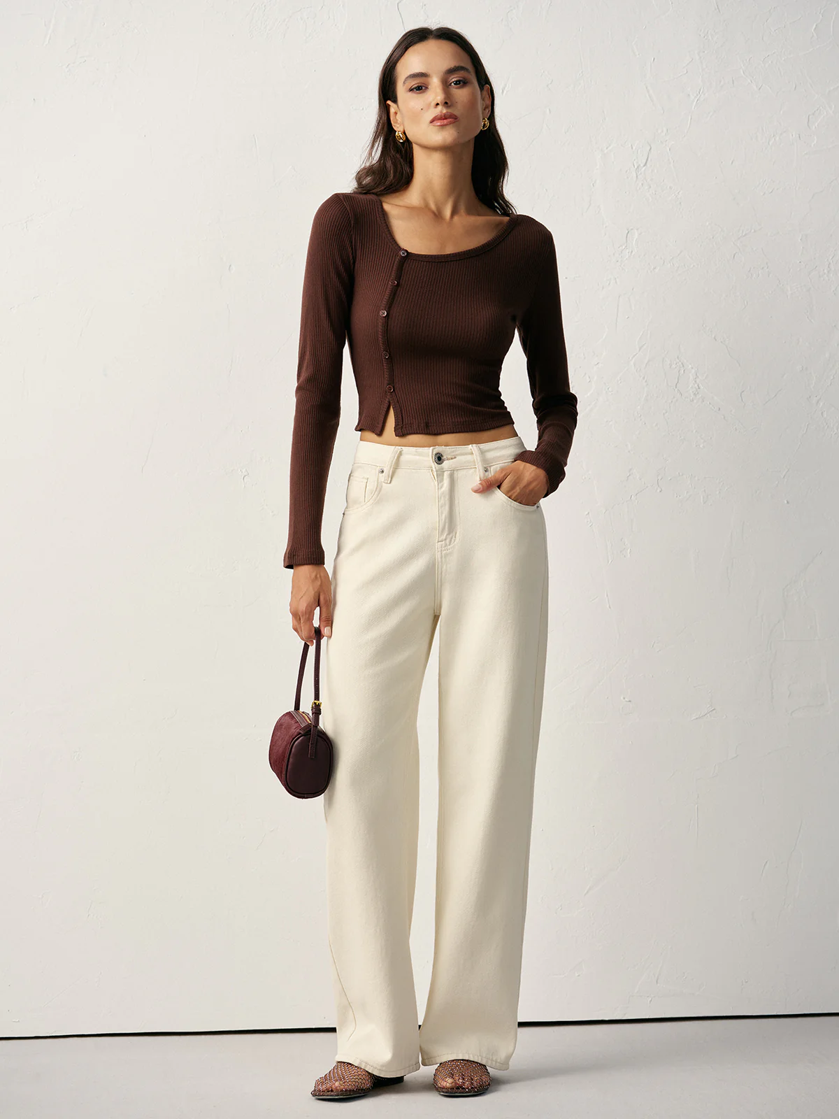 Asymmetric Button Detail Ribbed T-Shirt