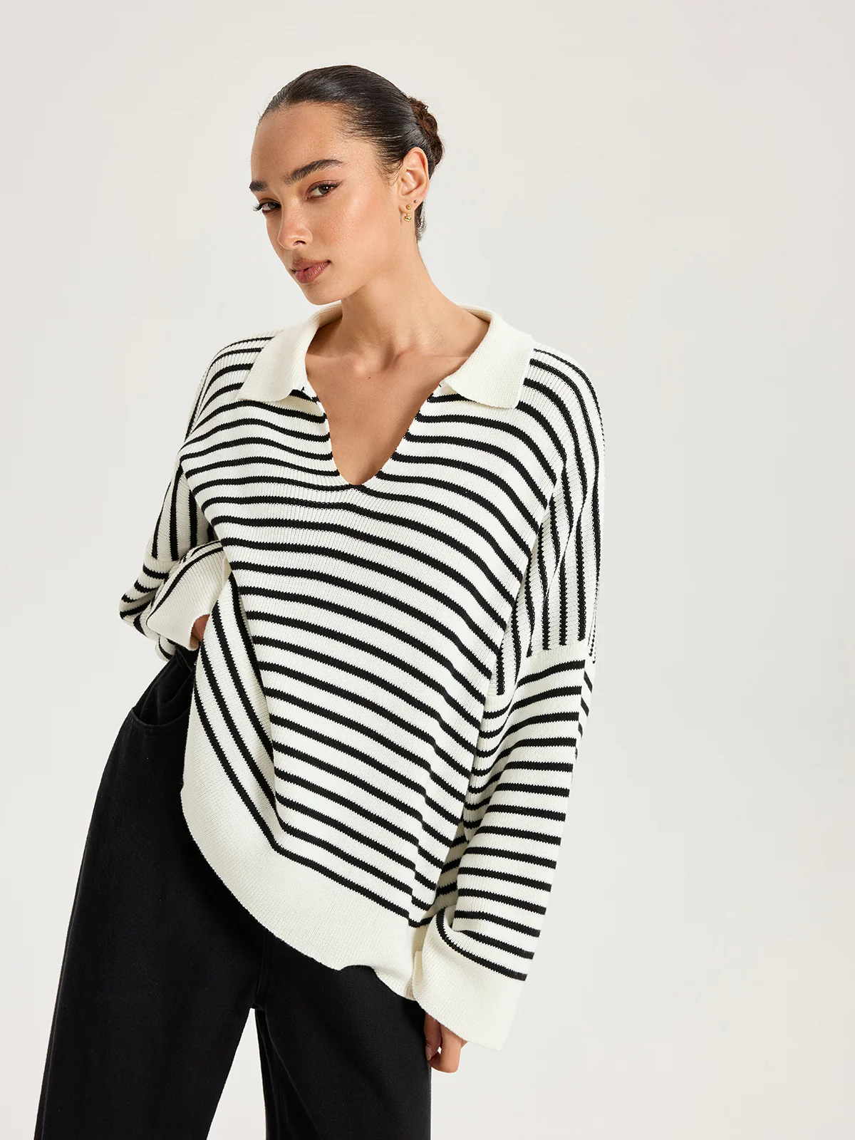 Striped Polo V-Neck Knit Top