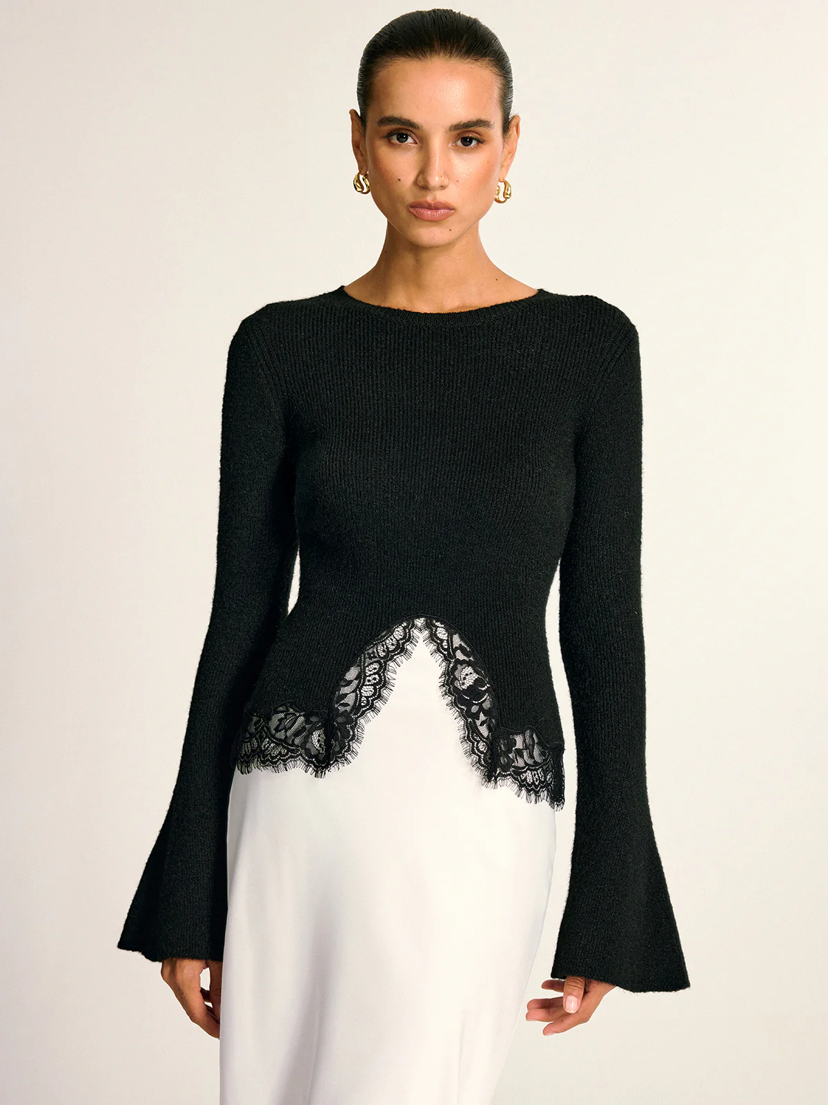 Lace Hem Bell Sleeve Wool Blend Knit Top