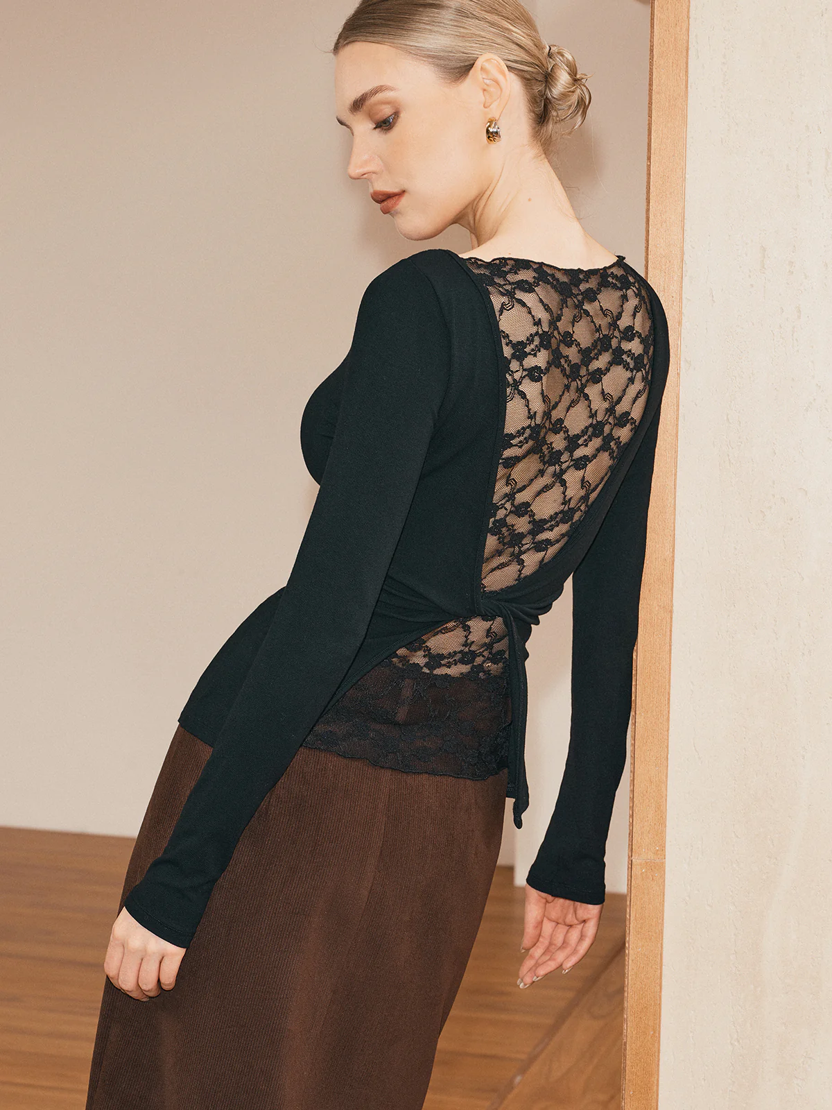 Sheer Lace Back Long Sleeve T-Shirt