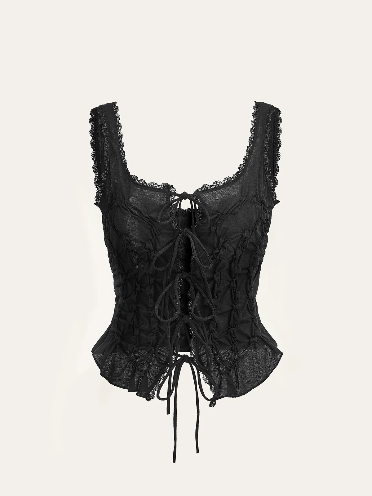 Semi-Sheer Lace-Trimmed Ruched Corset Top