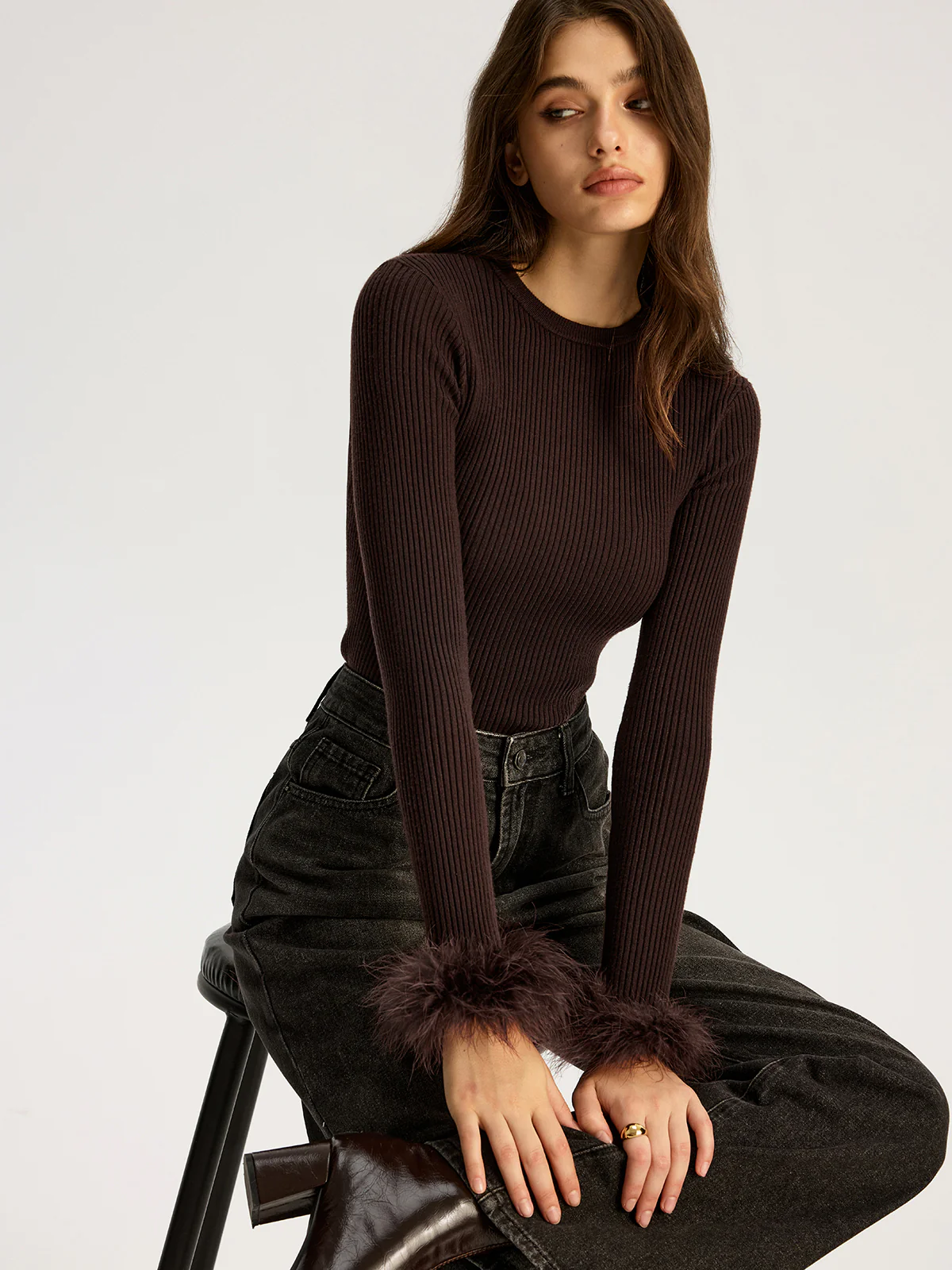 Faux Fur Cuff Ribbed Knit Top