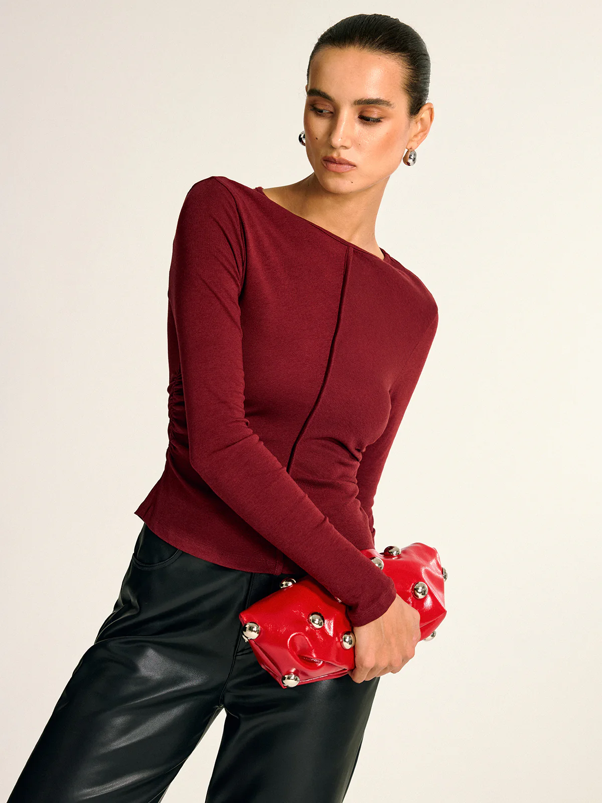 Wool Blend Ruched Long Sleeve T-Shirt