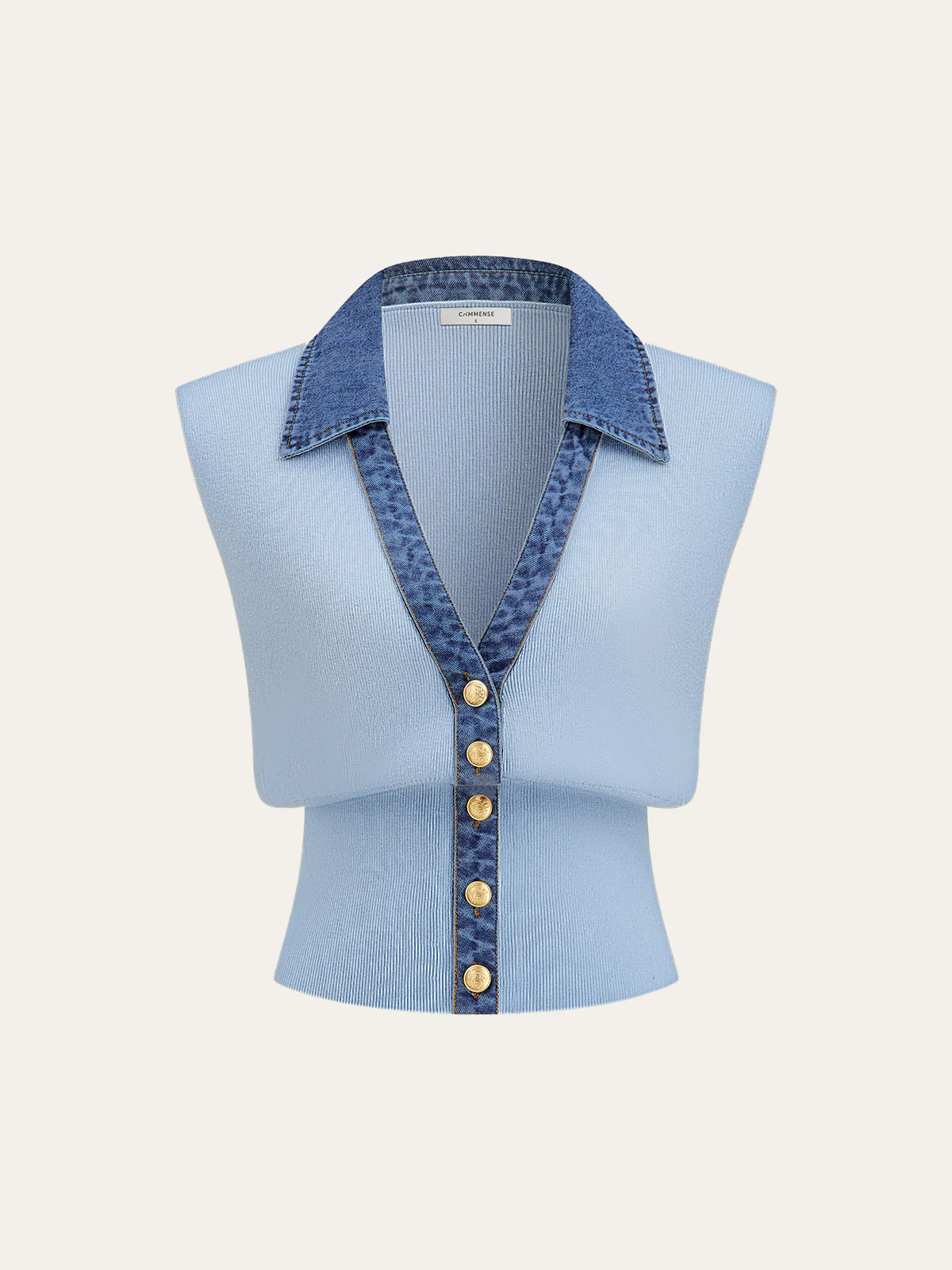Denim Trim Metal Button Knit Vest