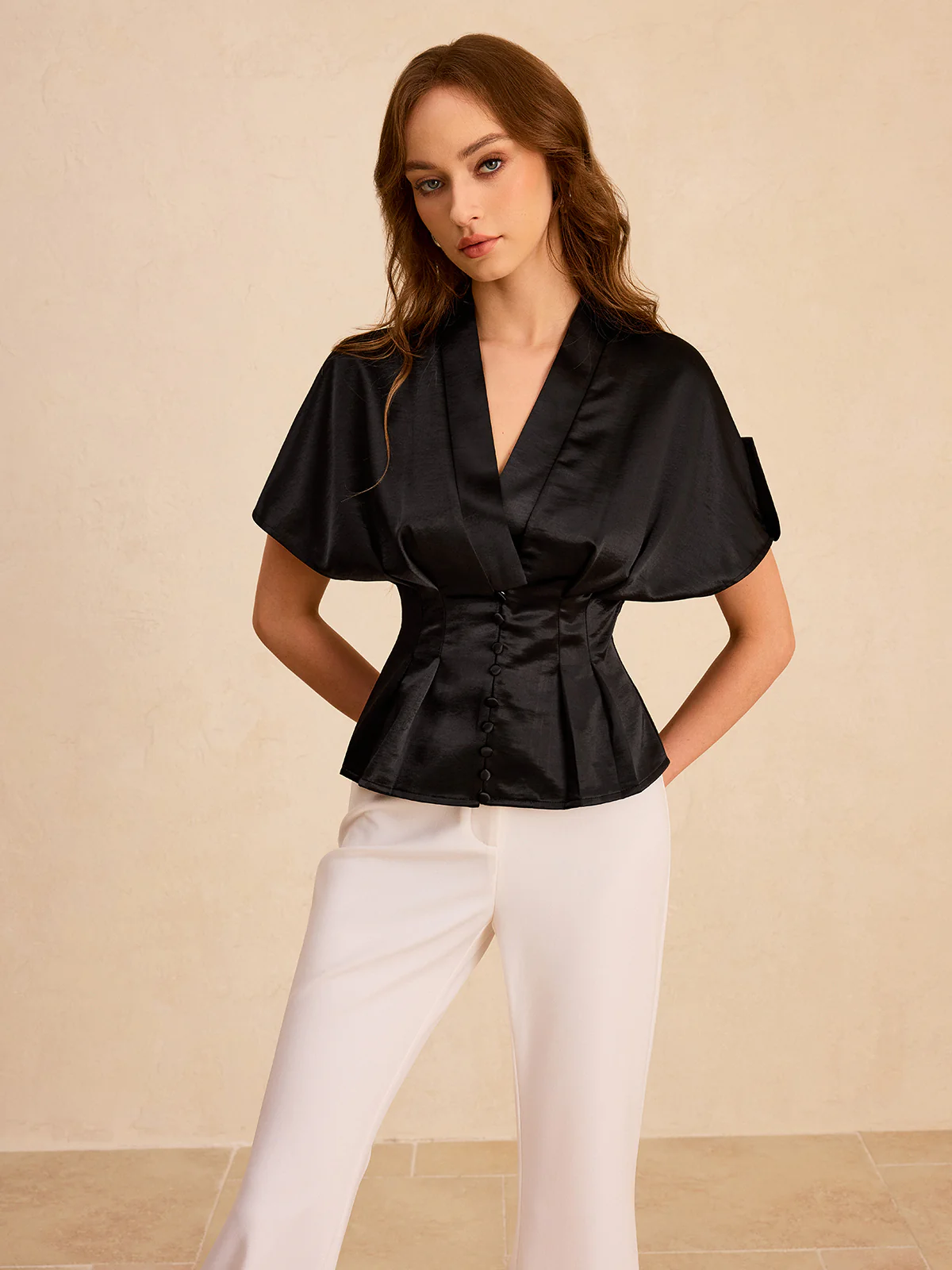 Satin Pleated Button Peplum Top