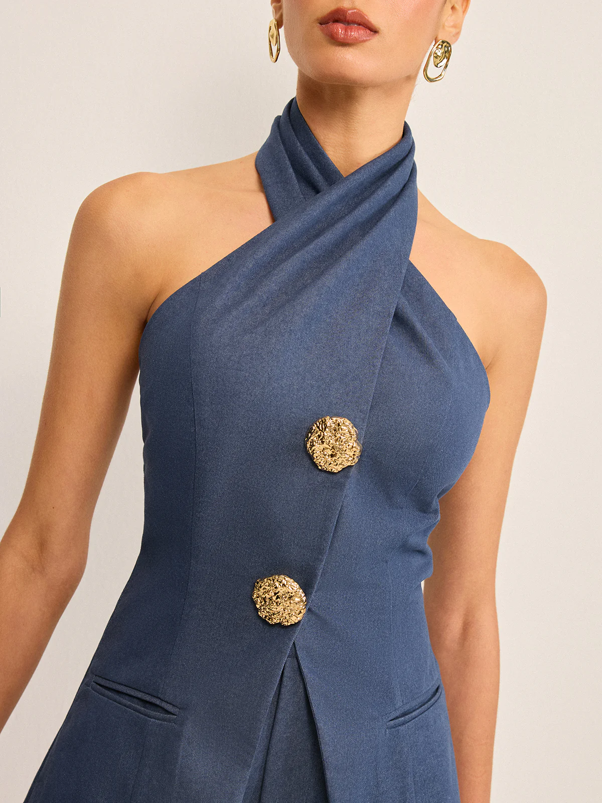 Metal Button Halter Neck Top with Shorts Set