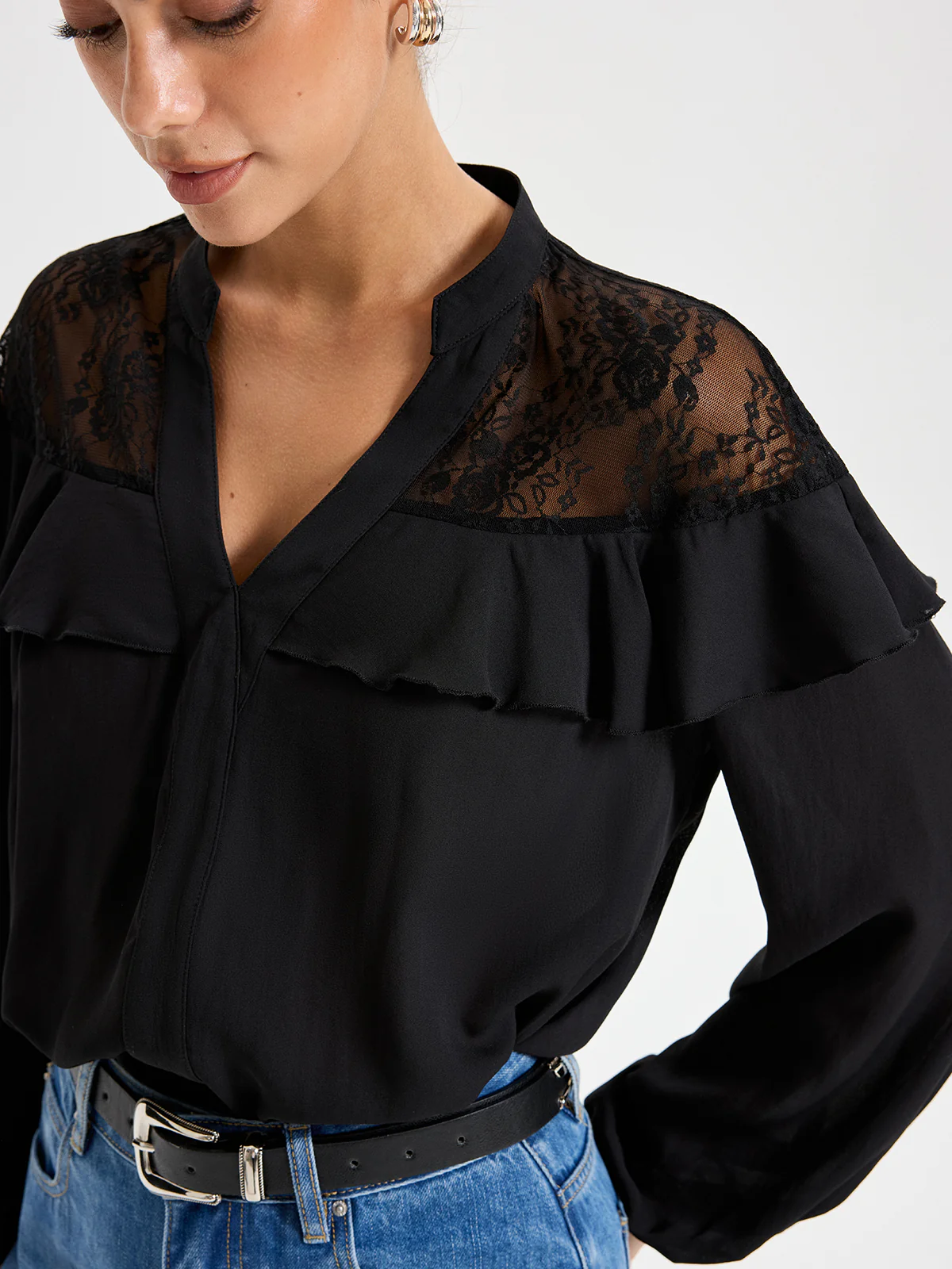 Black Lace Detailed Long Sleeve Blouse