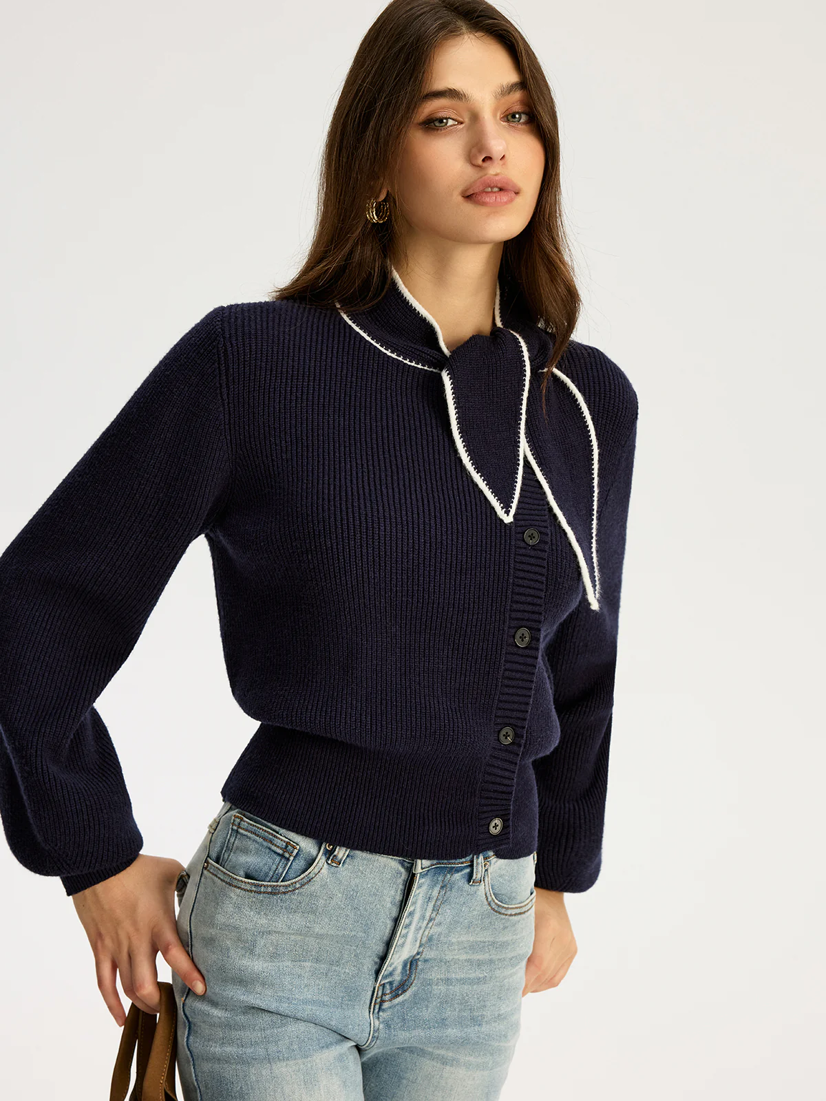 Tie Neck Button Knit Top