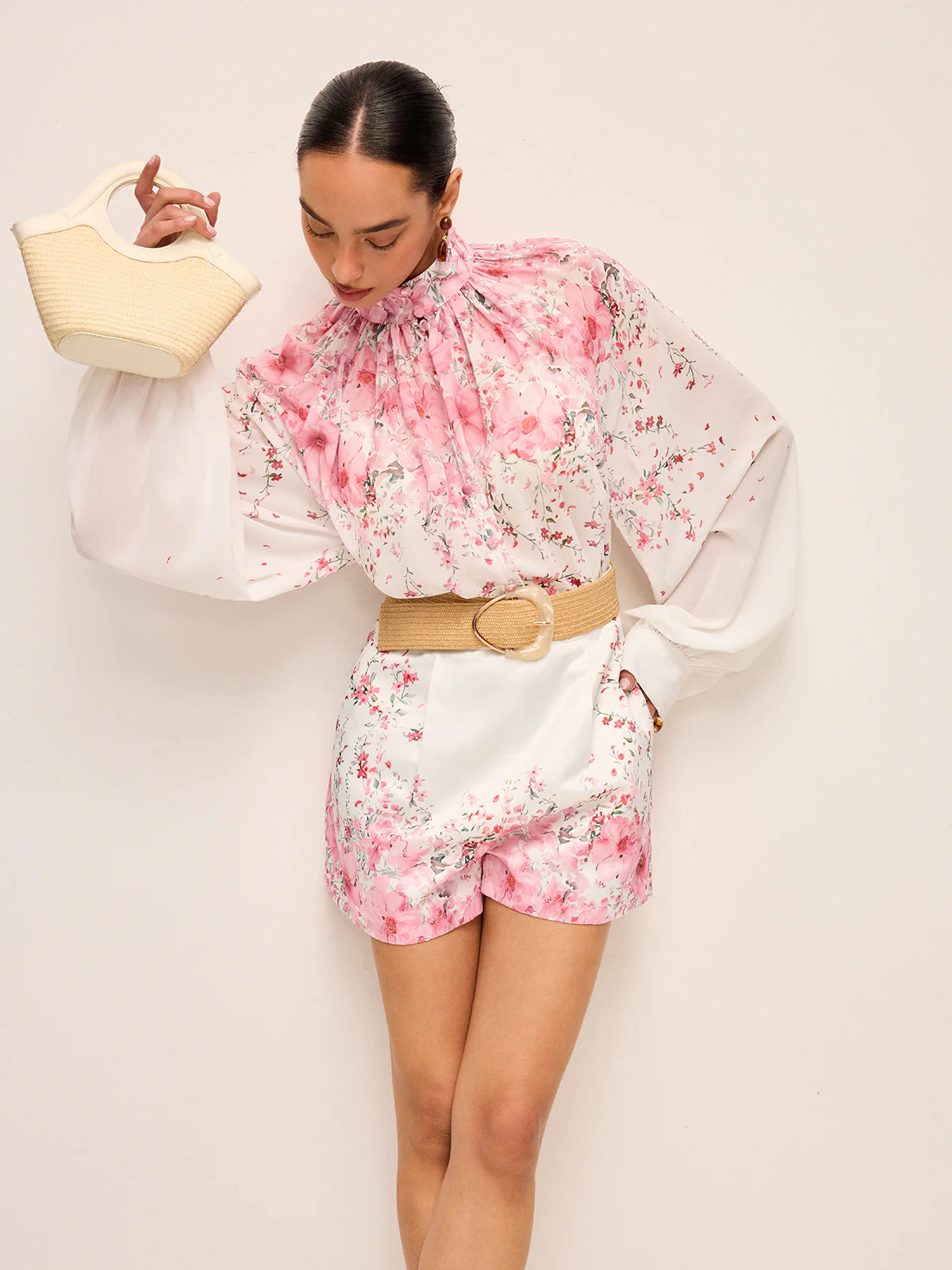 Floral Print Pleated Shorts Set Without Belt