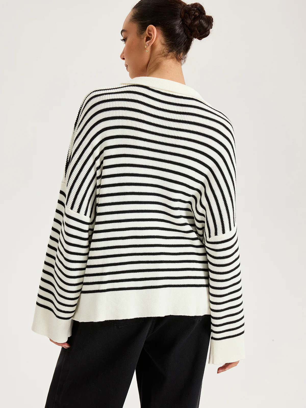 Striped Polo V-Neck Knit Top
