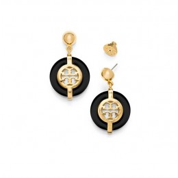 Tory Burch Deco Logo Resin Earring Black Shiny Brass