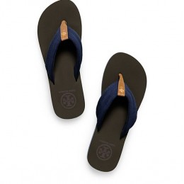 Tory Burch Canvas Wedge Flip-Flop Tory Navy Royal Tan
