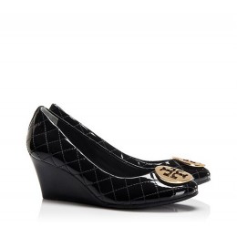Tory Burch Quinn Quilted Wedge Black Gold