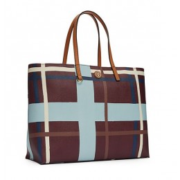 Tory Burch Kerrington Square Tote Jumbo Plaid Deep Berry