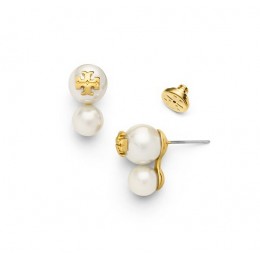 Tory Burch Evie Double-Stud Earring Ivory Shiny Gold