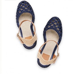Tory Burch Solemar Wedge Sandal Navy Royal Tan Natural