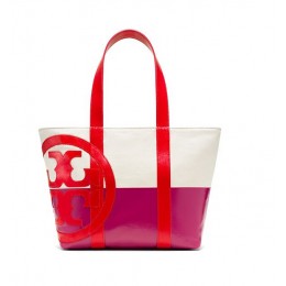 Tory Burch Beach Dipped Small Zip Tote Natural Island Pink Masaai Red