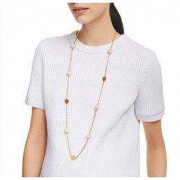 Tory Burch Dipped Evie Chain Rosary Necklace Pink Ivory Shiny Gold