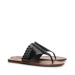 Tory Burch Floral Patent Perforated Flat Thong Sandal Black