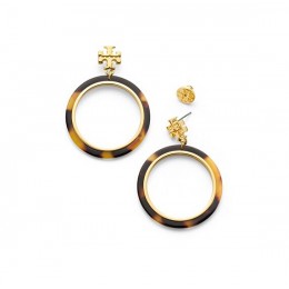 Tory Burch Logo Resin Hoop Tortoise Shiny Gold