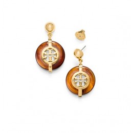 Tory Burch Deco Logo Resin Earring Tortoise Shiny Brass