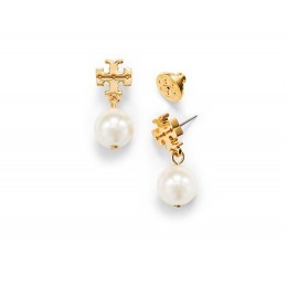 Tory Burch Evie Logo Pearl Drop Earring Ivory Shiny Gold