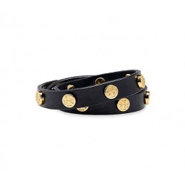 Tory Burch Leather Double-Wrap Logo Stud Bracelet Black