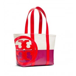 Tory Burch Beach Dipped Small Zip Tote Natural Island Pink Masaai Red