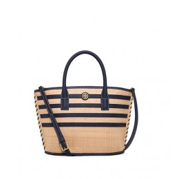 Tory Burch Stripe Straw Mini Tote Natural Tory Navy