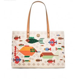 Tory Burch Embroidered Fish Tote Natural