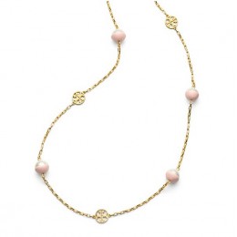 Tory Burch Dipped Evie Chain Rosary Necklace Pink Ivory Shiny Gold