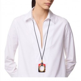 Tory Burch Oval Pendant Leather Necklace Poppy Red Tortoise Worn Gold