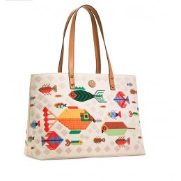 Tory Burch Embroidered Fish Tote Natural