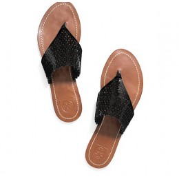 Tory Burch Floral Patent Perforated Flat Thong Sandal Black