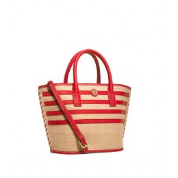 Tory Burch Stripe Straw Mini Tote Natural Masaai Red