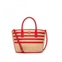 Tory Burch Stripe Straw Mini Tote Natural Masaai Red