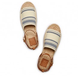 Tory Burch Stripe Elastic Espadrille Sandal Awning Ivory-Blue Haven Royal Tan