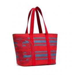 Tory Burch Beach Stripe Small Zip Tote Juniper Berry Masaai Red Awning Stripe