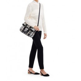 Tory Burch Robinson Plaid Fold-Over Messenger Black Beige White