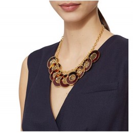 Tory Burch Perforated Charm Resin Statement Necklace Cabernet Tortoise Shiny Gold
