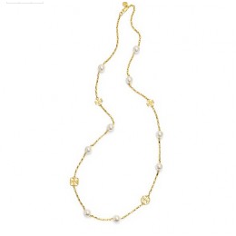 Tory Burch Evie Logo Chain Rosary Ivory Pearl Shiny Gold